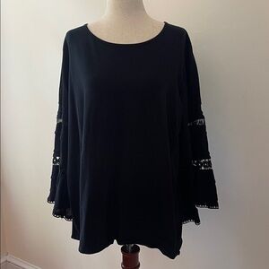 Anthropologie One September Black Embroidered Cutout Sleeve Blouse, Size XL